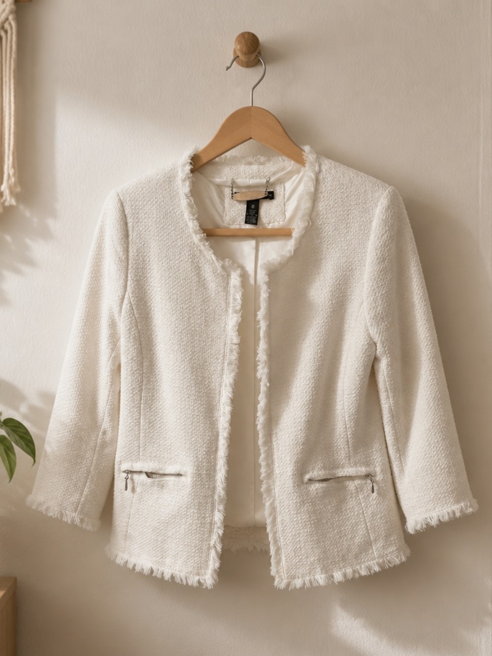 Frayed-Trim Cream Bouclé Blazer Jacket